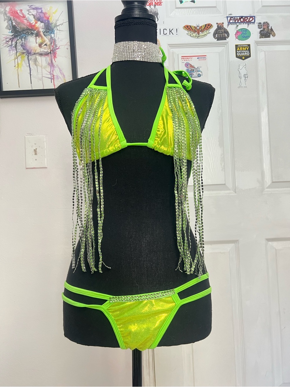 Neon Lime Crystal Fringe Triangle Bikini - Women Swim (read description)